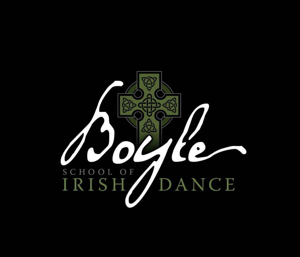 Boyle Irish School of Dance logo: Celtic cross in green, set against a black background, representing Irish heritage and cultural roots