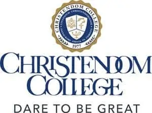 Christendom College logo: Circle design with a coat of arms in the middle, representing tradition, academic excellence, and heritage.
