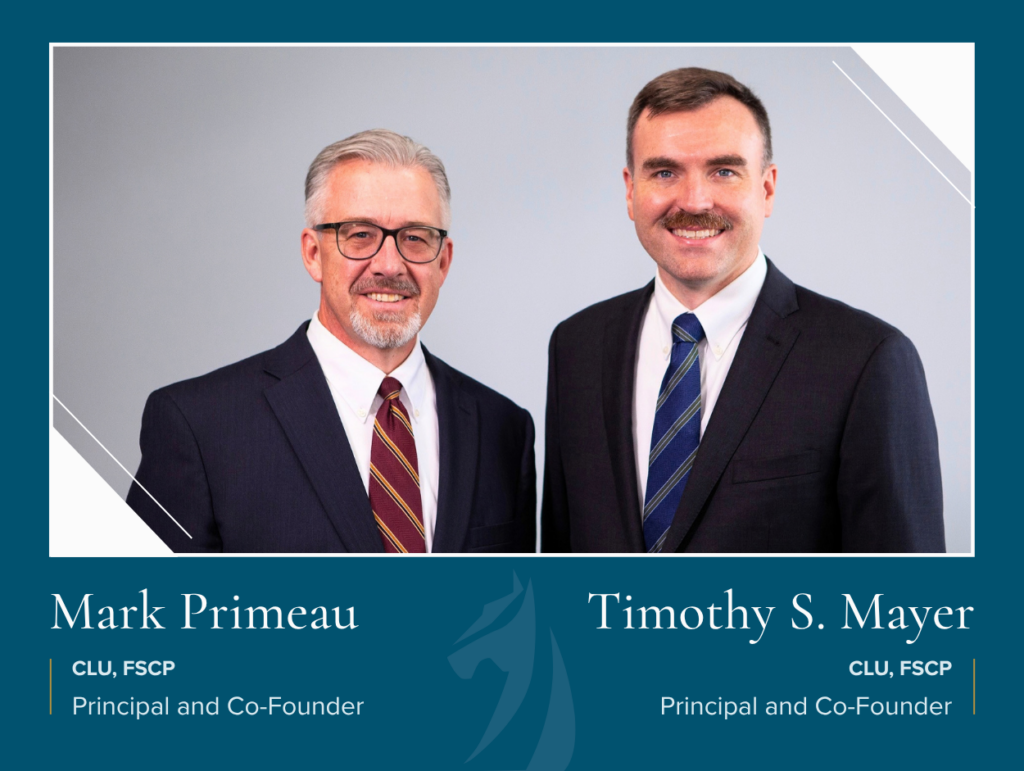 Mark Primeau and Timothy S. Mayer, co-founders of PrimeauMayer Financial in Manassas, VA, smiling side by side in dress shirts and ties.